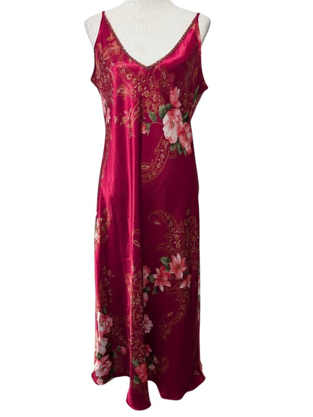 Vintage California Dynasty Size L Red Floral Spaghetti Strap V-Neck Slip Dress